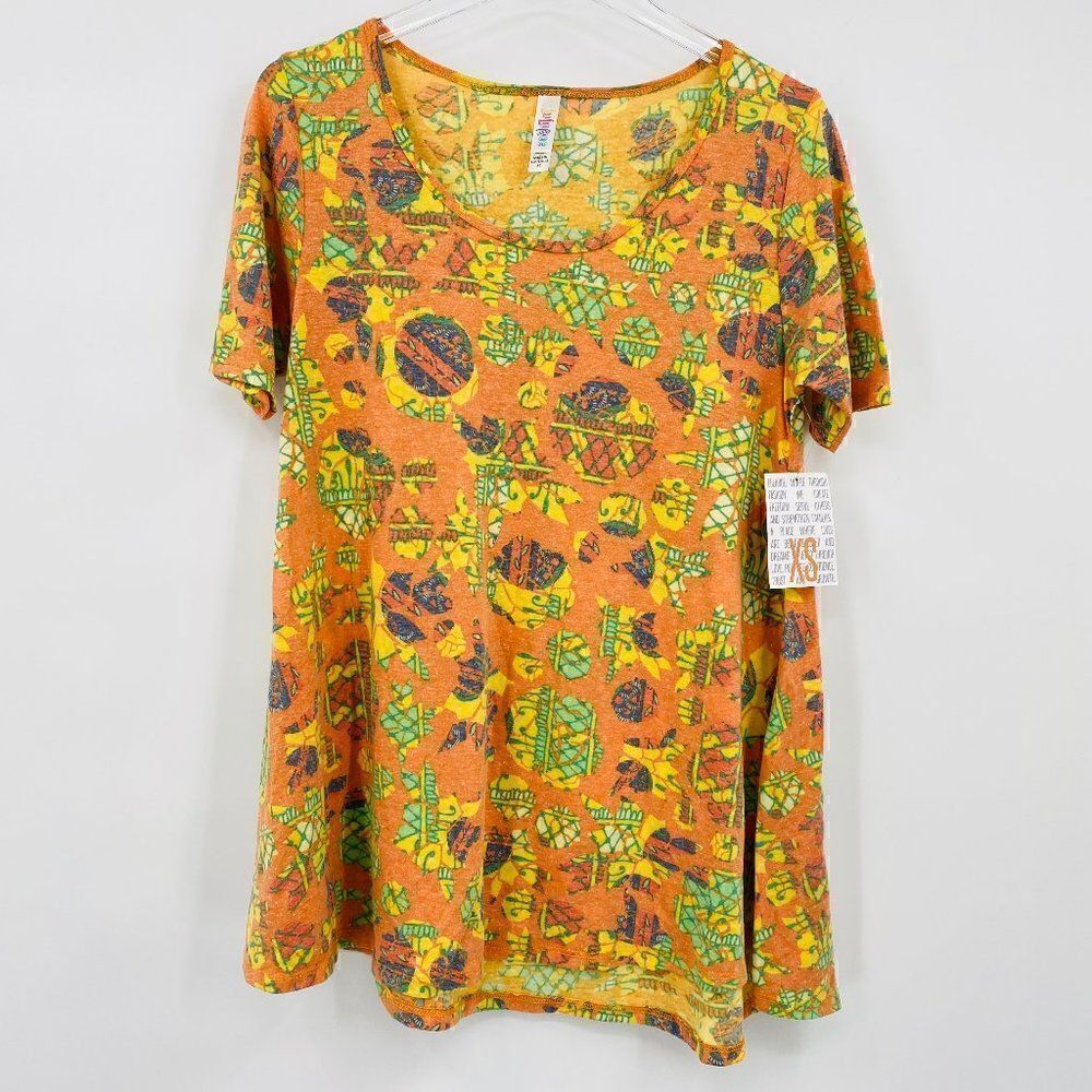 NWT Lularoe Size XS Orange Patterned Short Sleeve Perfect T Shirt Top